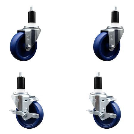 Service Caster 4'' SS Solid Poly Wheel Swivel 1-3/8'' Expanding Stem Caster Set 2 Brakes, 4PK SCC-SSEX20S414-SPUS-2-TLB-2-138